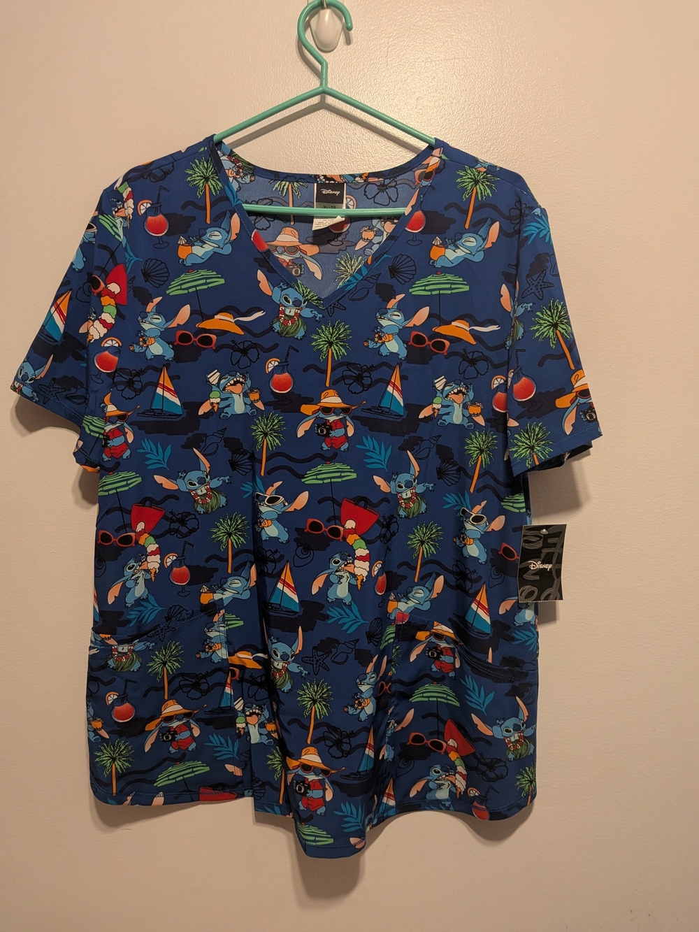 Disney Men’s Blue V-Neck Stitch Tropical Print Shirt